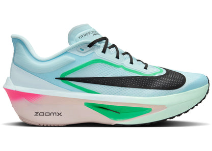 Nike Zoom Fly 6 in Glacier Ice, Hyper Pink, and Green Shock on black, side profile
