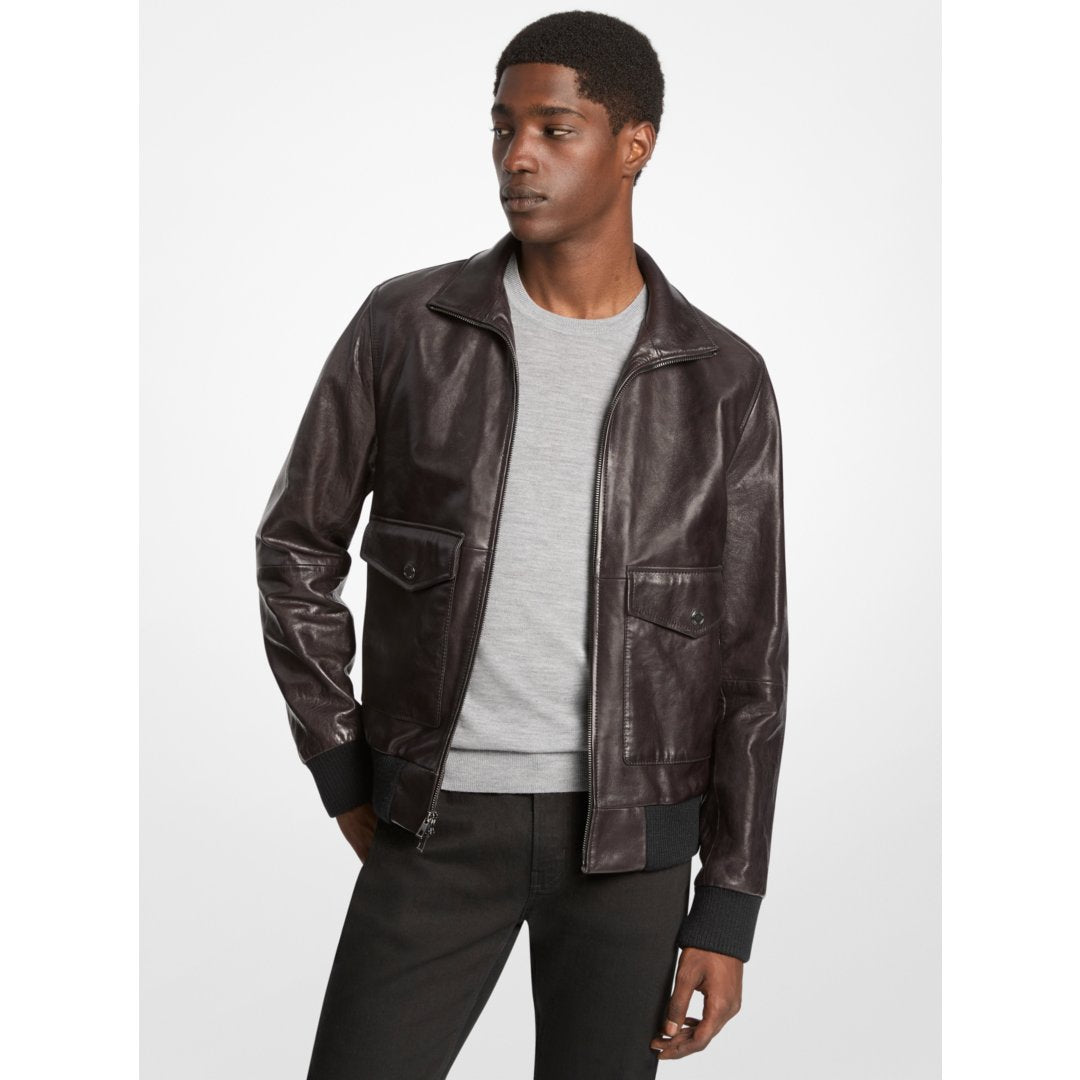 Michael Kors Distressed Leather Harrington Jacket BLACK