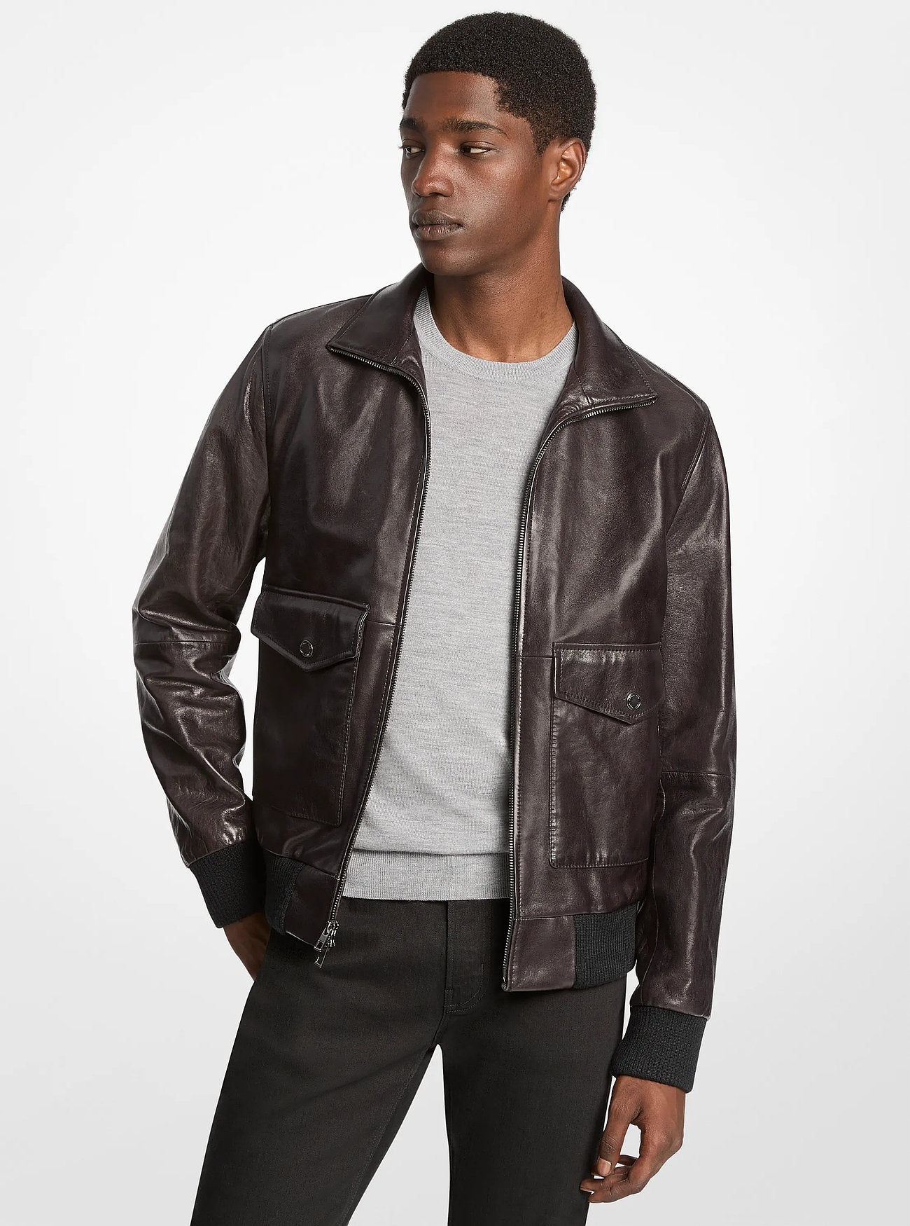 Michael Kors Distressed Leather Harrington Jacket BLACK