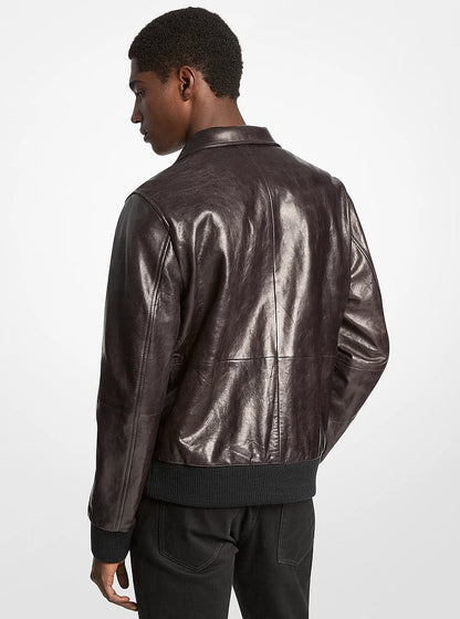 Michael Kors Distressed Leather Harrington Jacket BLACK