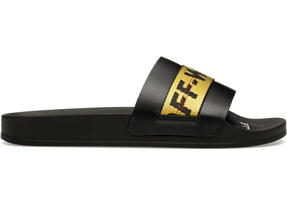 Off White Industrial Belt Slides Black Yellow, front