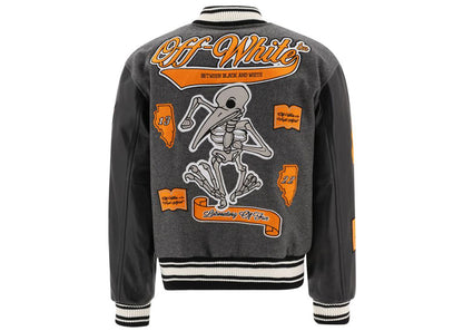 off-white patch embellished varsity bomber jacket medium grey yellow black