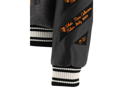 off-white patch embellished varsity bomber jacket medium grey yellow black