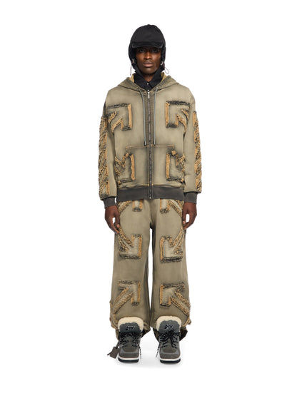 Off-White Distressed Denim Arrow Zip Skate Hoodie Licorice