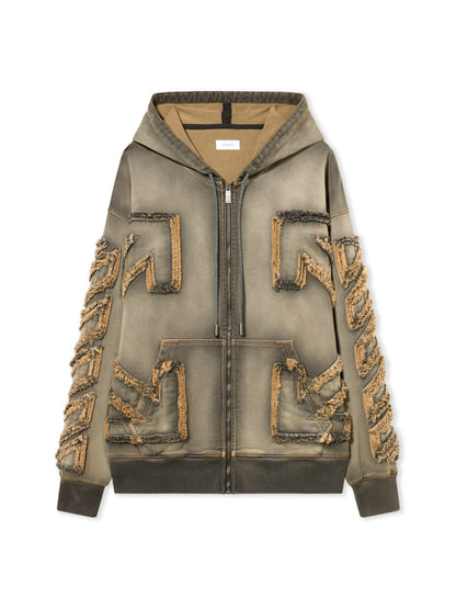 Off-White Distressed Denim Arrow Zip Skate Hoodie Licorice