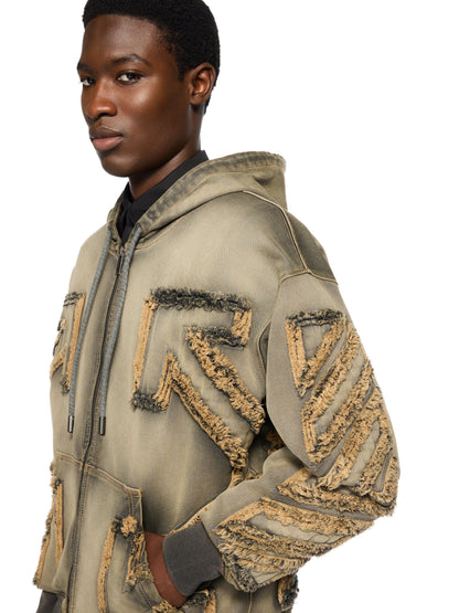 Off-White Distressed Denim Arrow Zip Skate Hoodie Licorice