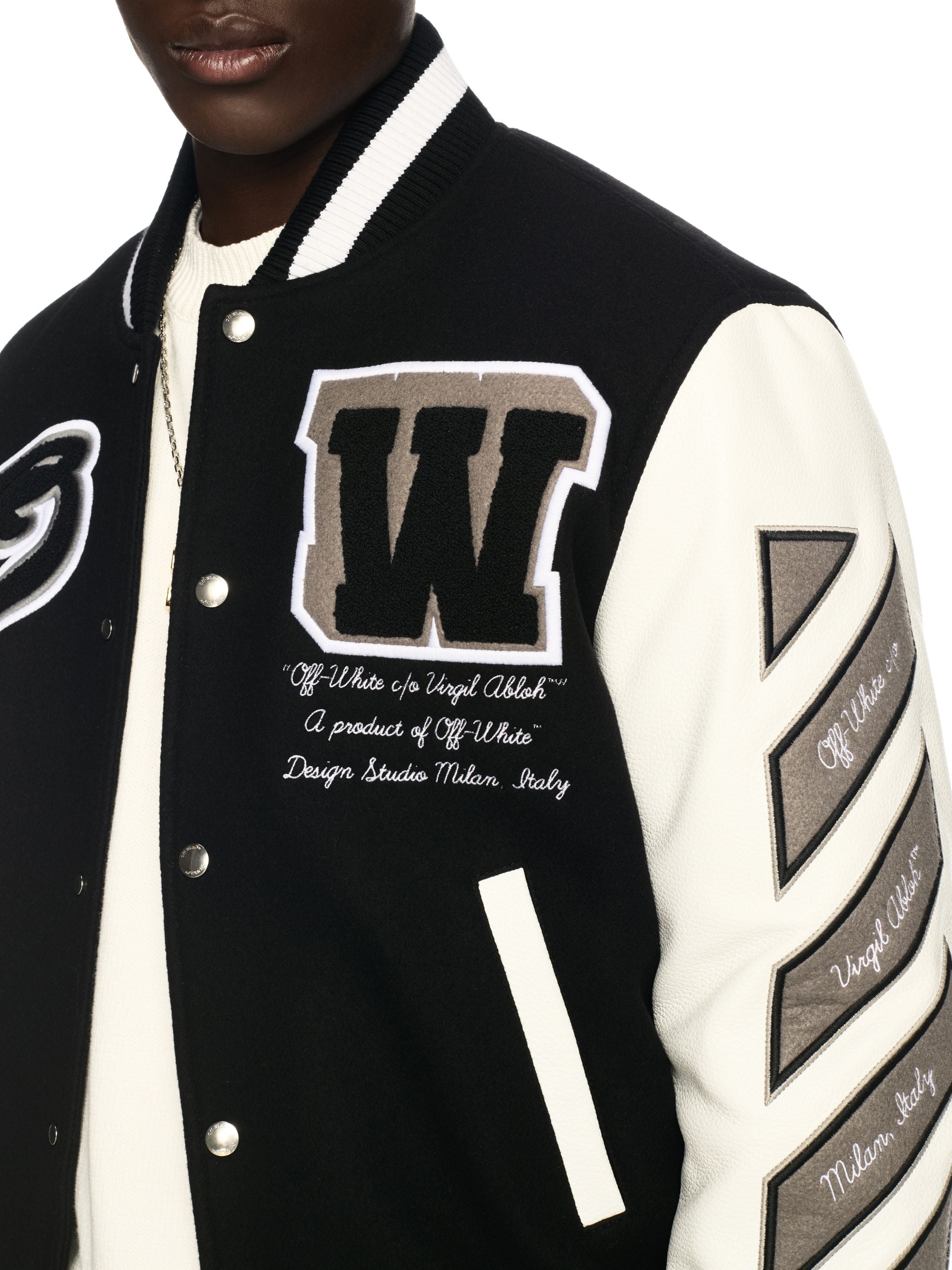 Off-White Leather Wool Varsity Jacket Black