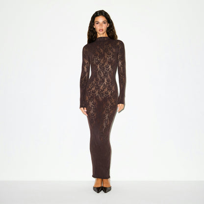 Skims Knit Lace Mock Neck Long Dress Espresso