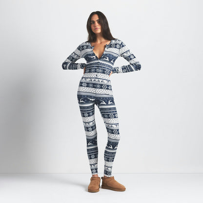 Skims Logo Plush Pointelle Henley Onesie Navy Deer Fair Isle