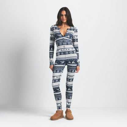 Skims Logo Plush Pointelle Henley Onesie Navy Deer Fair Isle