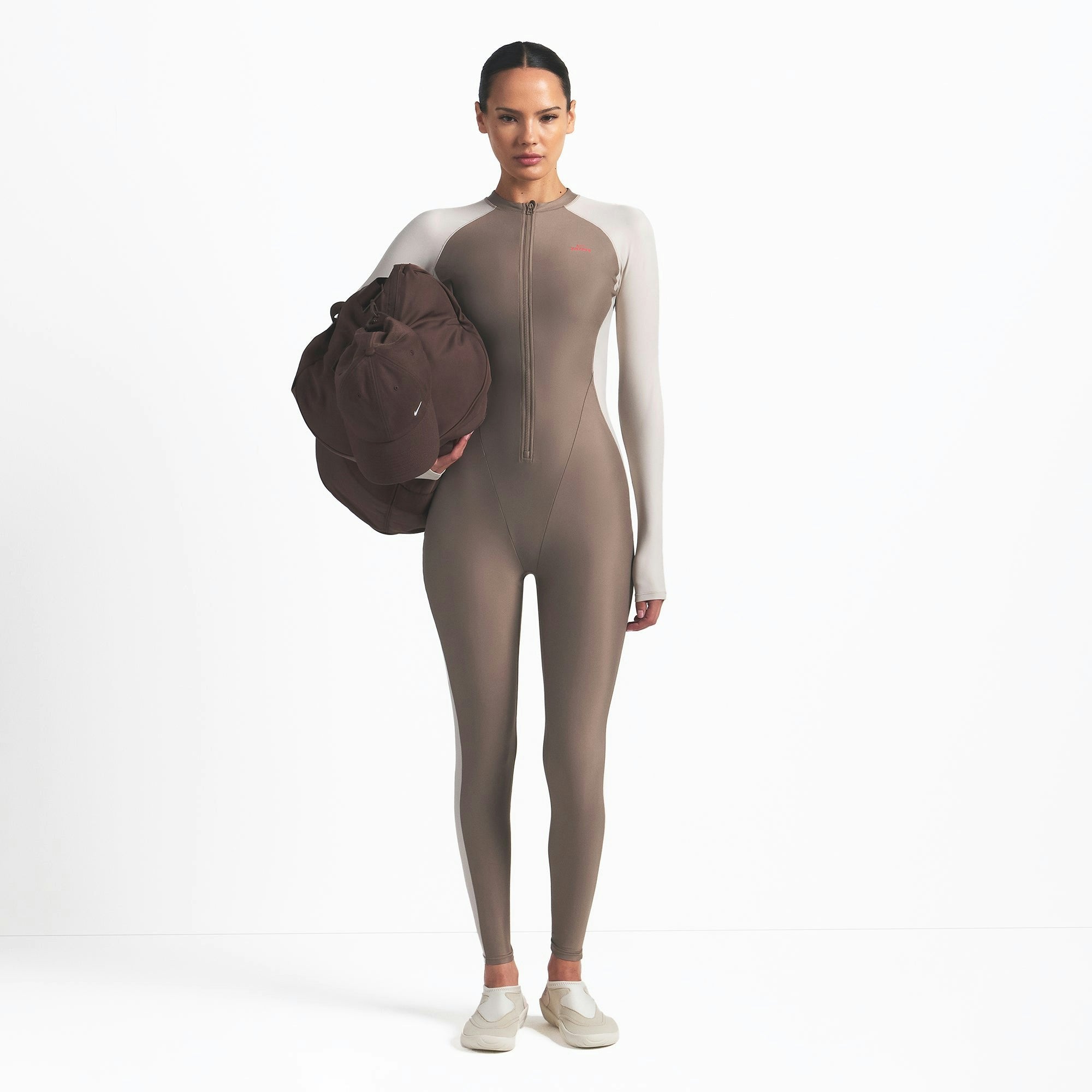 Skims Nikeskims Shine Zip Front Long Onesie Truffle And Stone