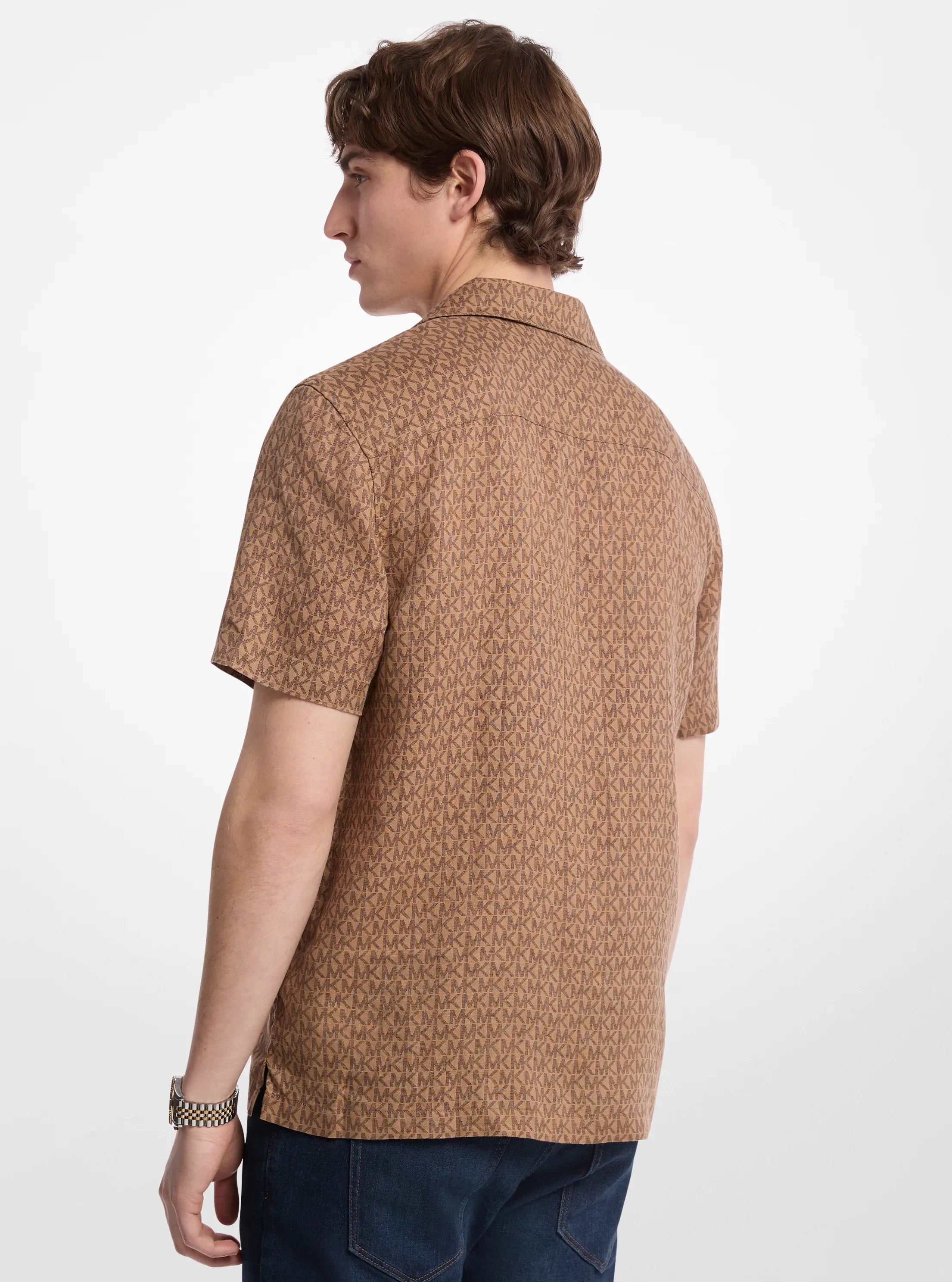 Michael Kors Signature Logo Linen Camp Shirt ACC CAMEL