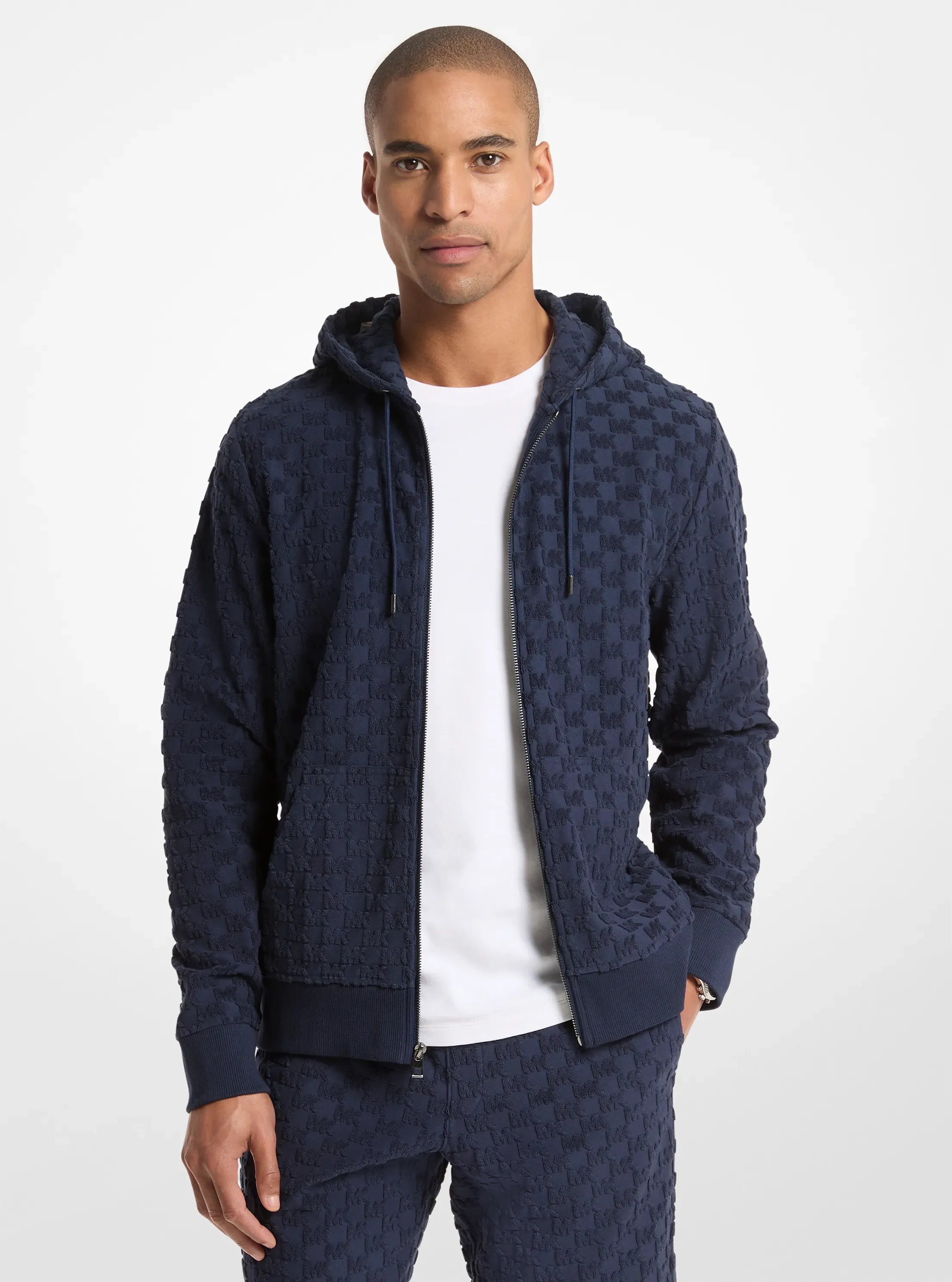 Michael Kors Logo Jacquard Terry Zip-Up Hoodie MIDNIGHT