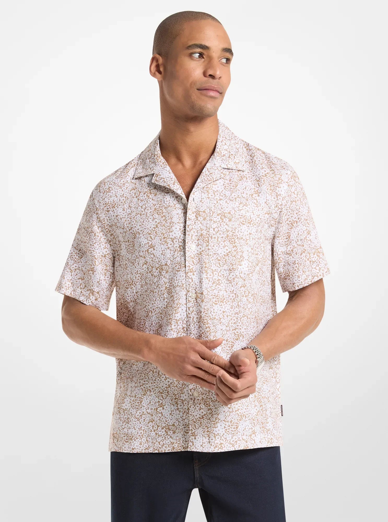Michael Kors Floral Print Linen Shirt DARK CAMEL