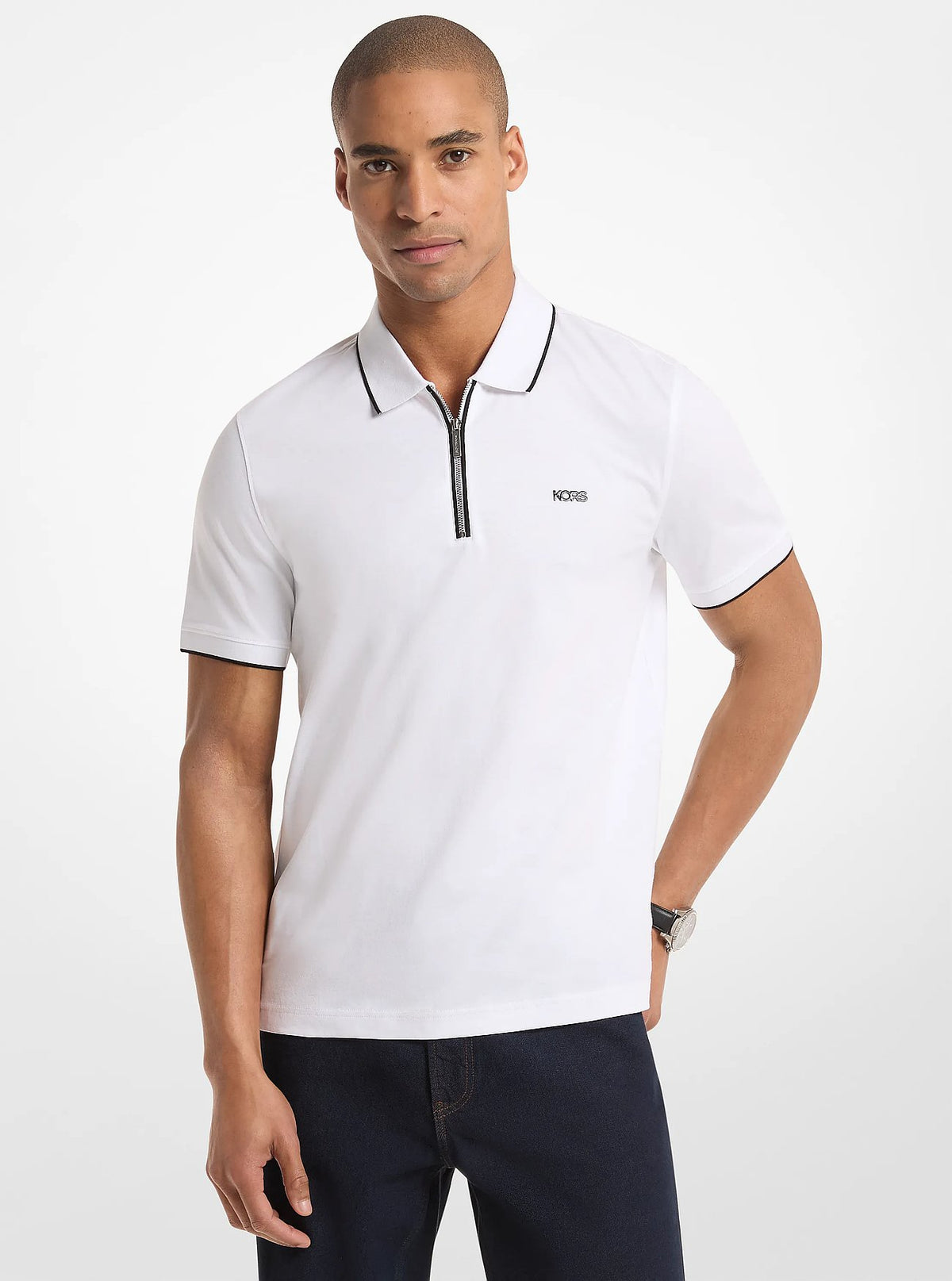 Michael Kors Cotton Jersey Zip-Up Polo Shirt WHITE
