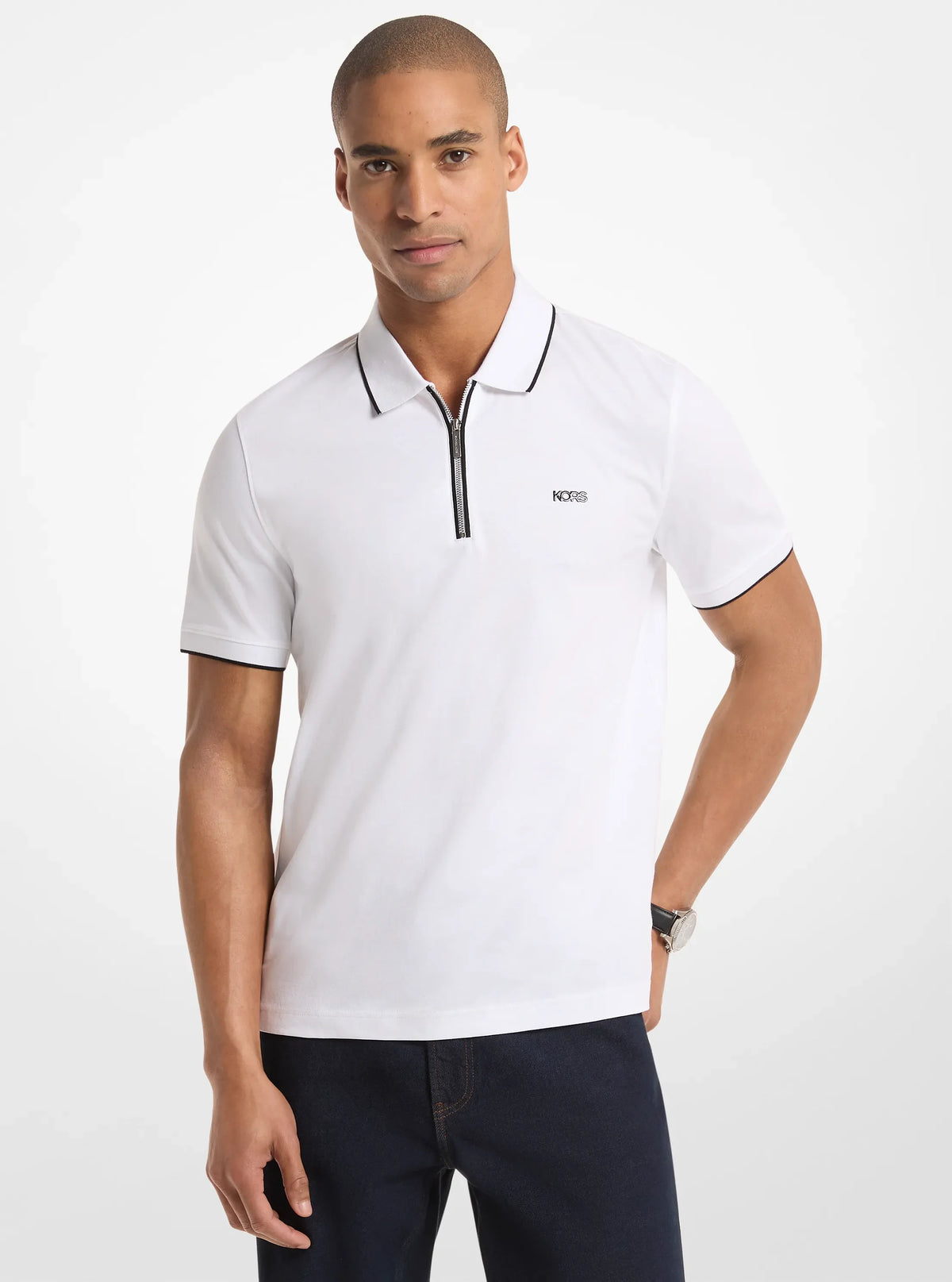 Michael Kors Cotton Jersey Zip-Up Polo Shirt WHITE