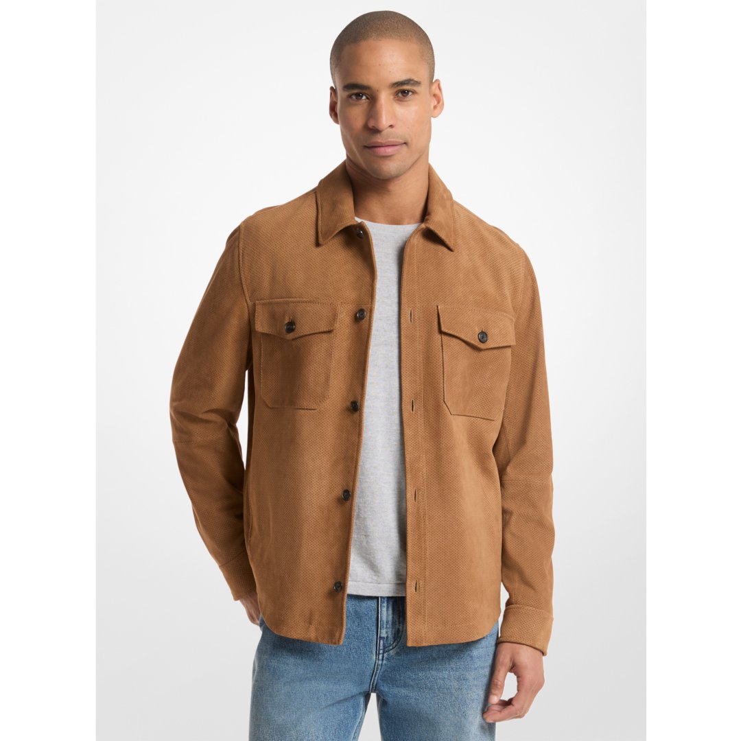 Michael Kors Perforated Suede Shirt Jacket DARK CAMEL
