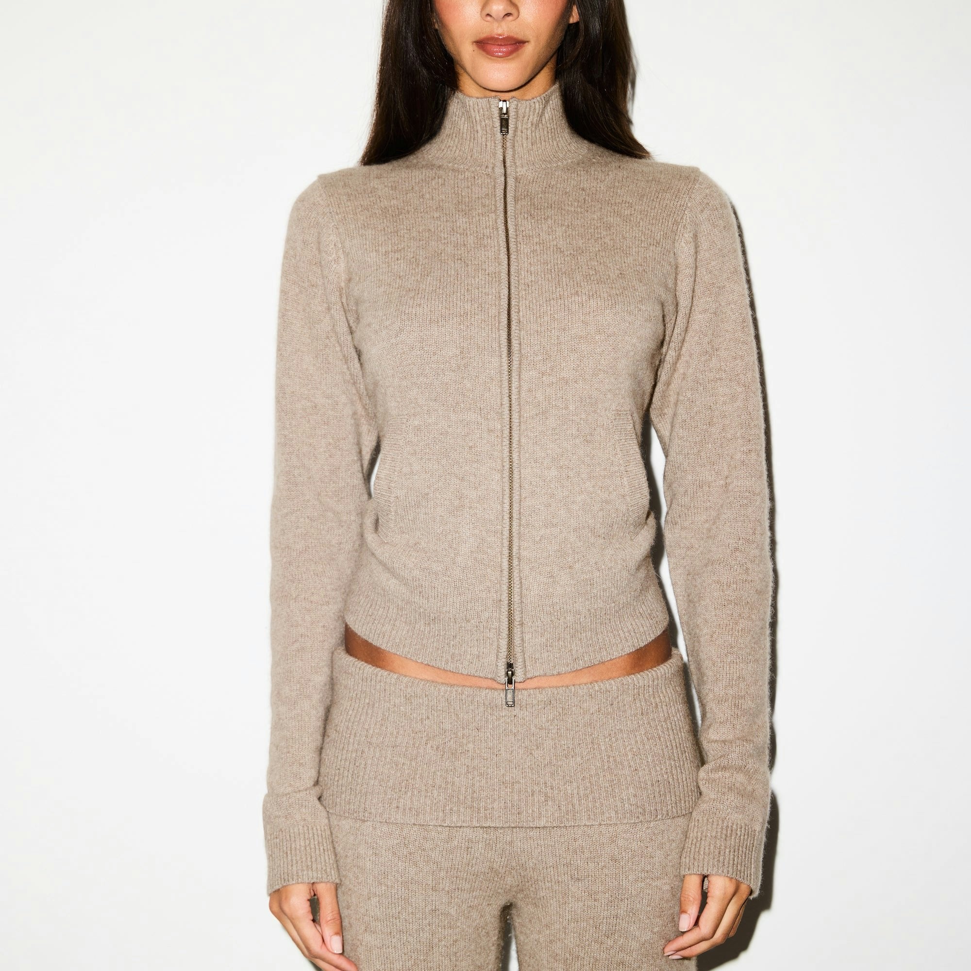 Skims Wool Cashmere Zip Up Mock Neck Sweater Linen