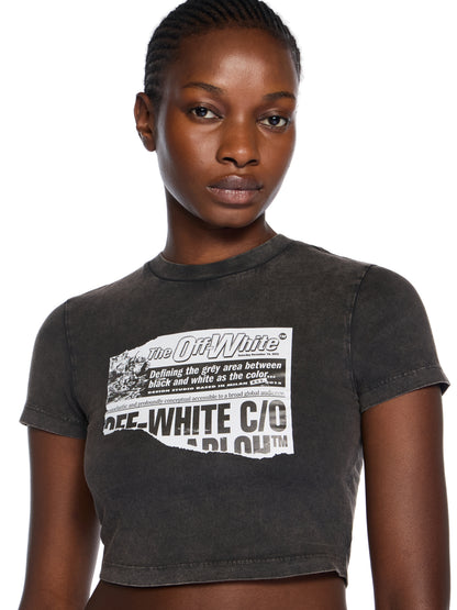 Off-White News Print 90S Crop Logo Tee Black