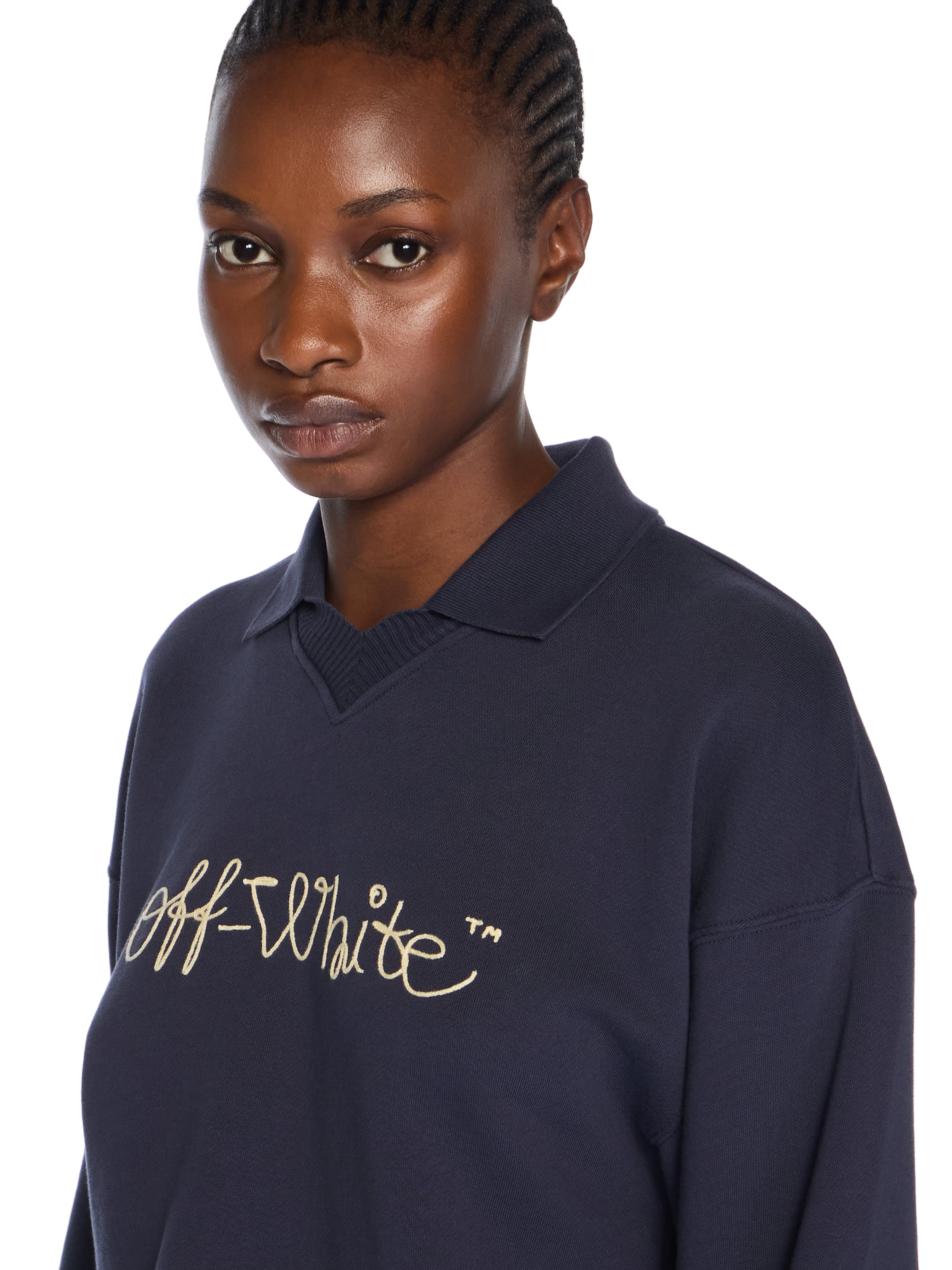 Off-White Embroidered Script Logo Crop Polo Sweater Sapphire
