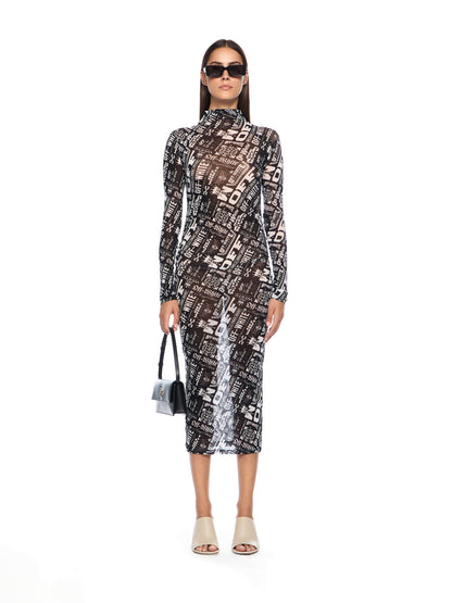 Off-White Multilogo Mesh Gather Midi Dress Black