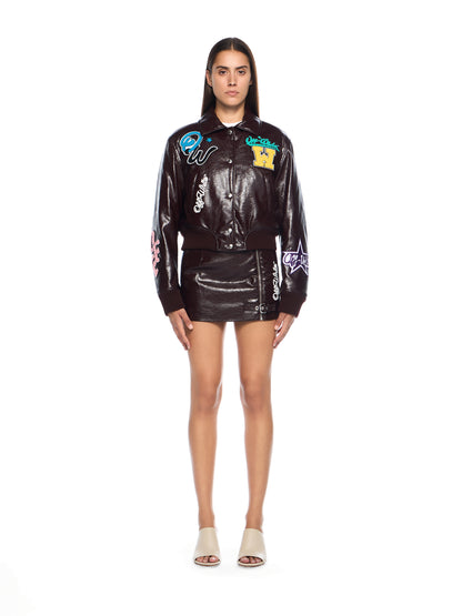 Off-White Crinkled Coated Varsity Jacket Plum