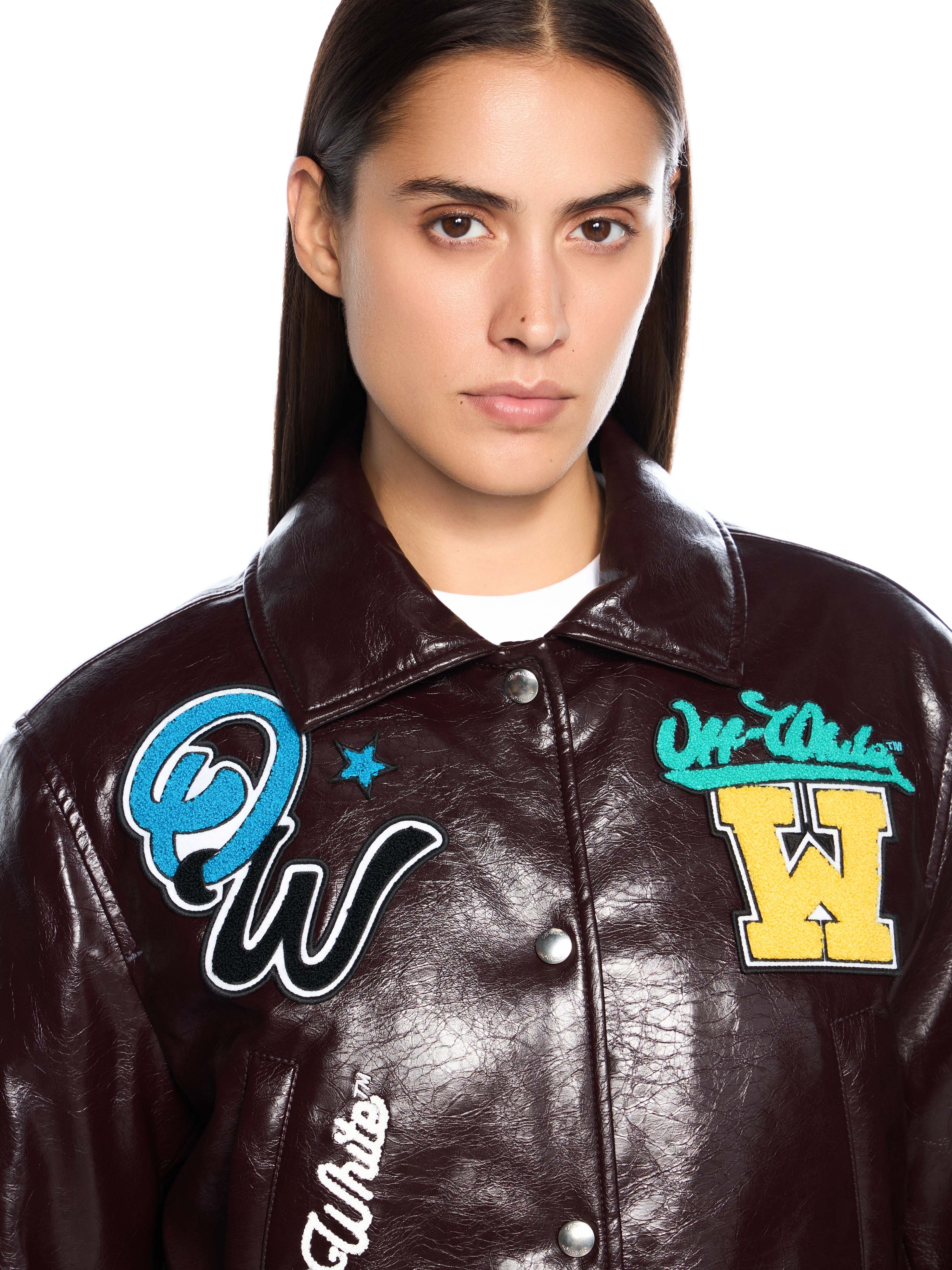 Off-White Crinkled Coated Varsity Jacket Plum