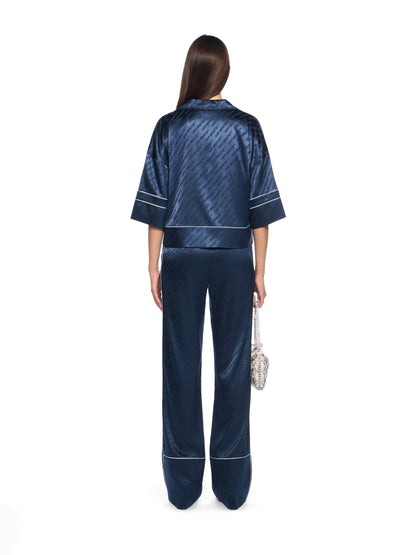 Off-White Jacquard Satin Pajama Shirt Blue