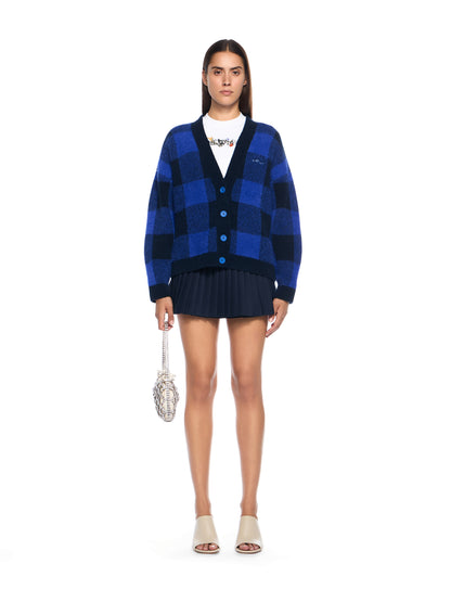 Off-White Jacquard Check Knit Cardigan Blue