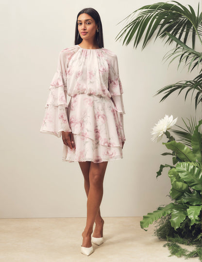 Ted Baker Mahliia Rose Print Frill Long Sleeve Mini Dress Women's