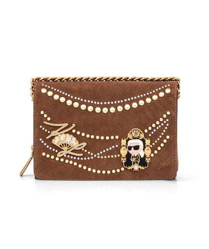 KarlLagerfeld Lourdes suede flap crossbody brown