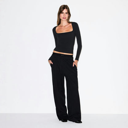 Skims Cotton Fleece Oversized Double Waistband Pant Onyx