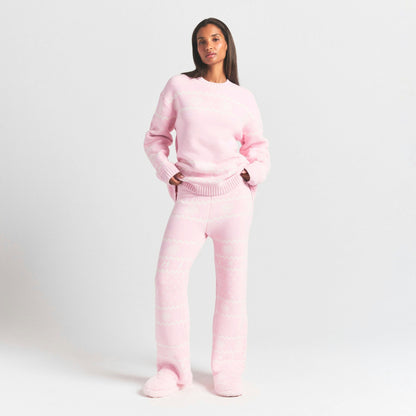 Skims Cozy Light Pant Baby Pink Heart Fair Isle