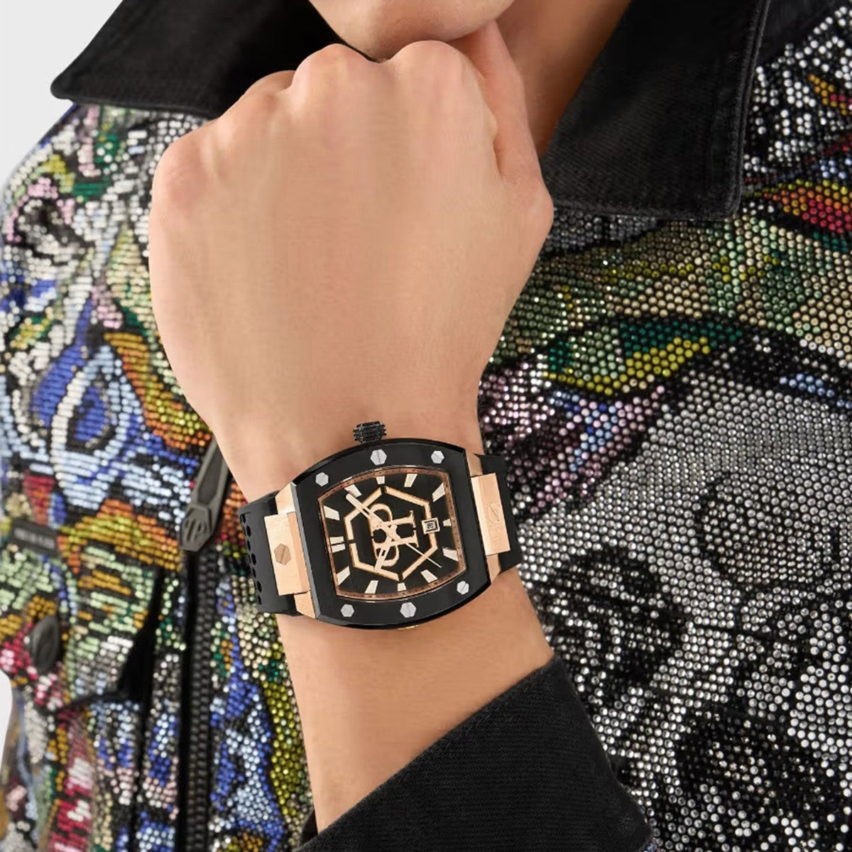 Philipp Plein Pua-the Hexagon Phantom-P Men Quartz Black Dial Analog Silicone Watch PWPUA0124