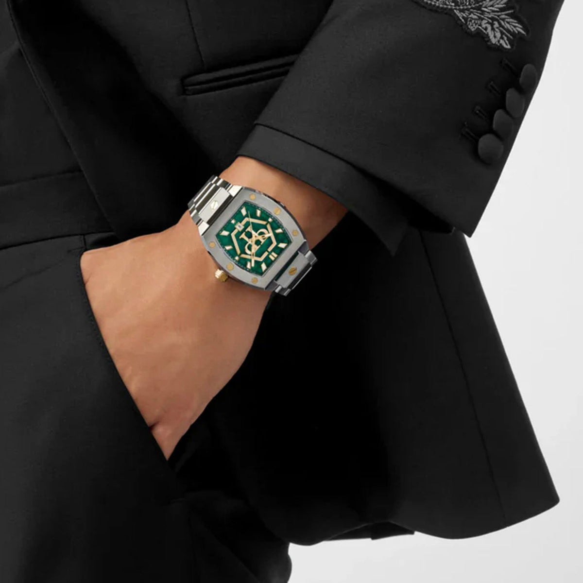 Philipp Plein Hexagon Phantom Men Quartz Green Dial Analog Stainless Steel Watch PWPUA0825