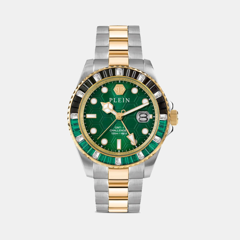 Philipp Plein Pza-Gmt-I Challenger Bagu Men Quartz Green Dial Analog Stainless Steel Watch Pwpza0224
