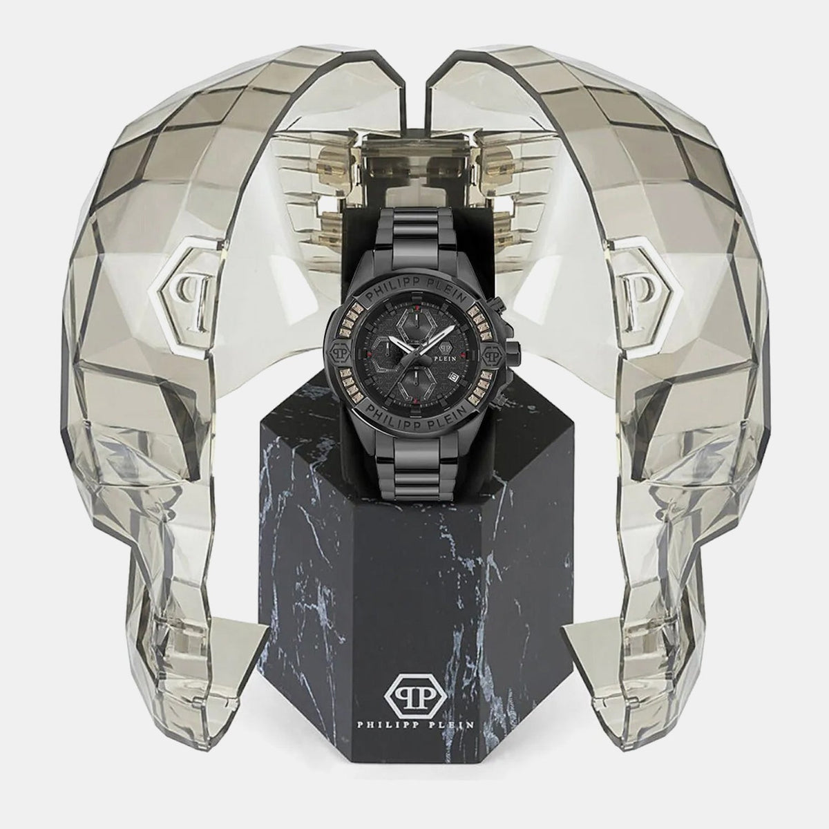 Philipp Plein $Kull Men Quartz Black Dial Chronograph Stainless Steel Watch PWWFA0725