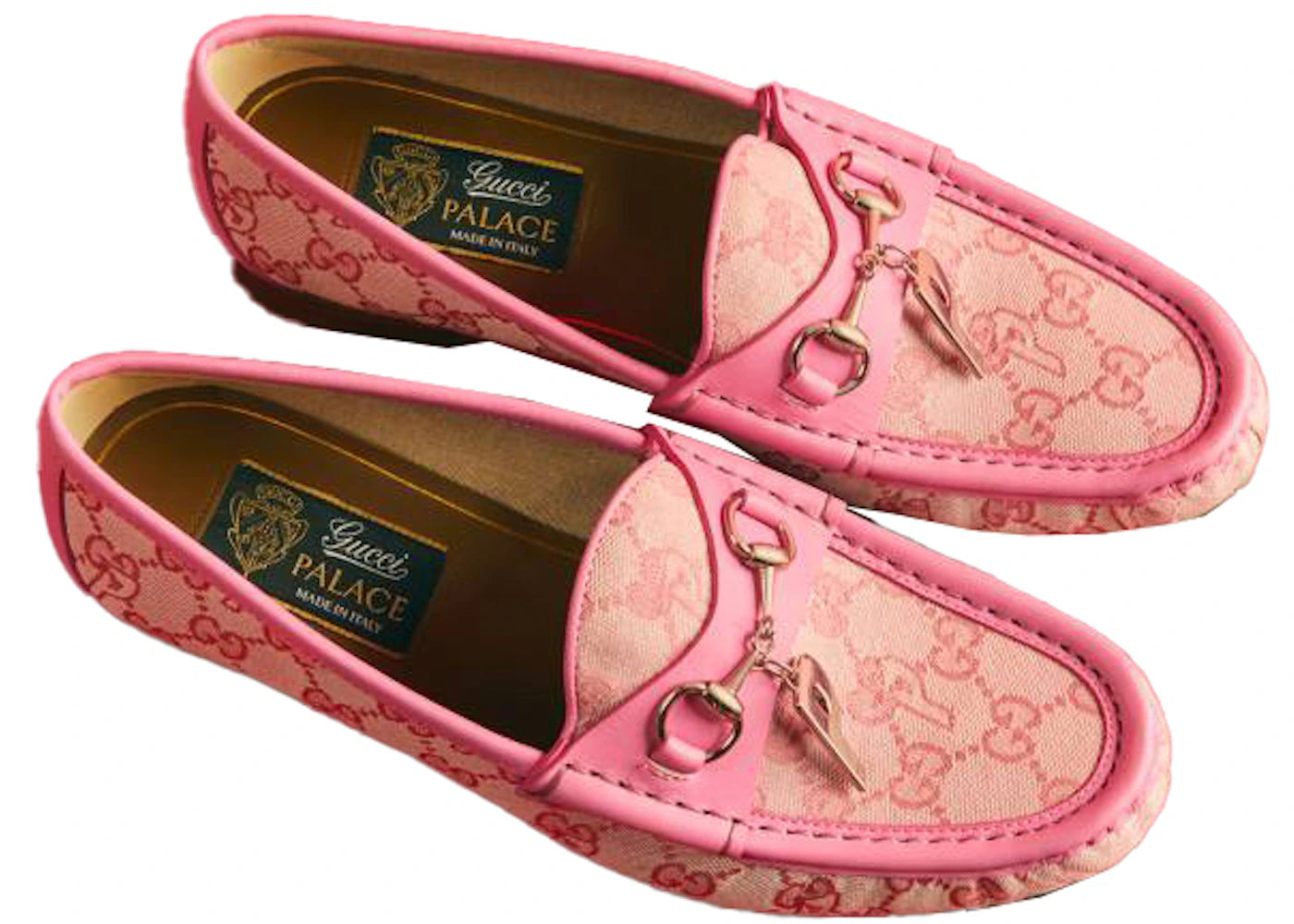 palace x gucci gg-p canvas horsebit p charm loafers pale pink