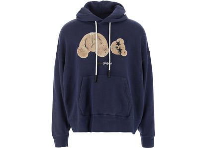 palm angels bear print sprayed logo hoodie navy blue/brown