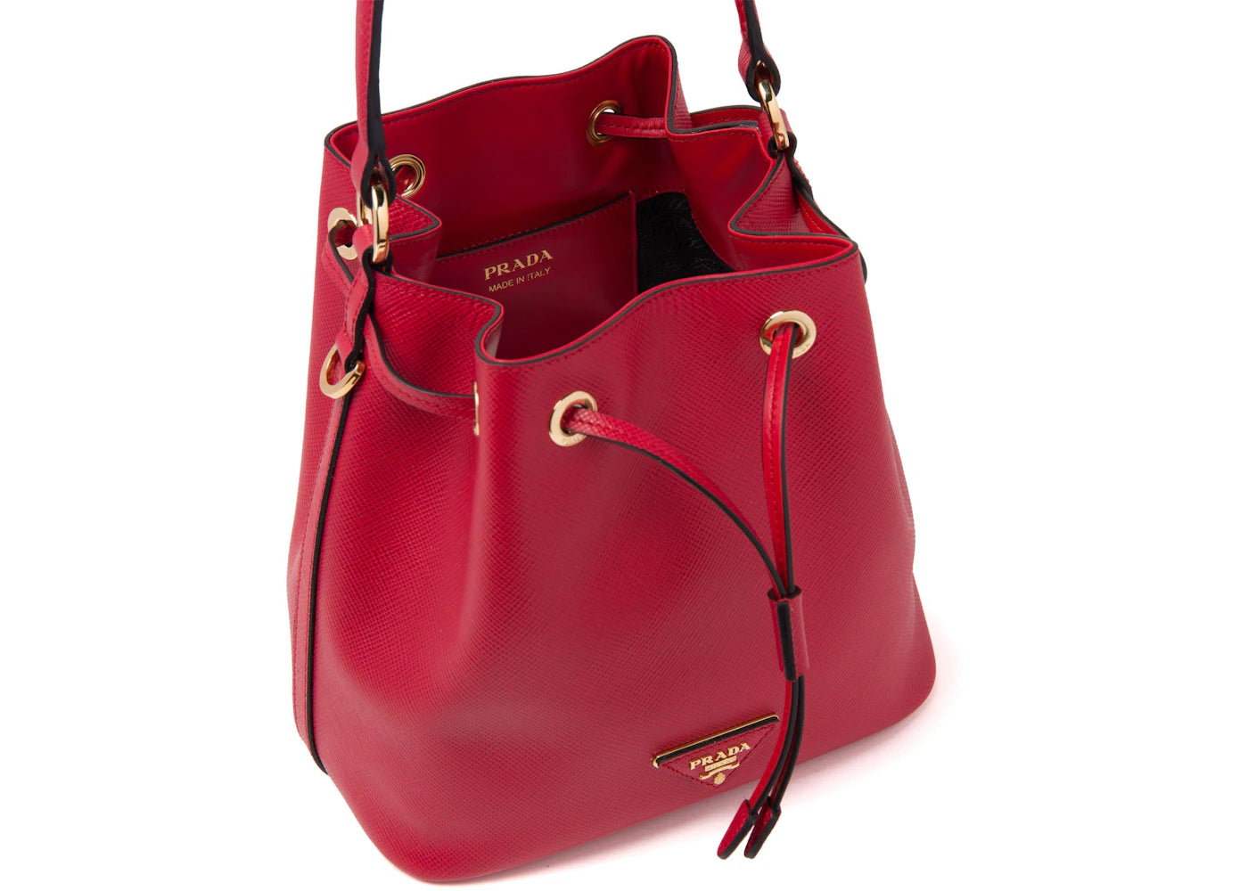 prada bucket bag saffiano leather gold-tone red