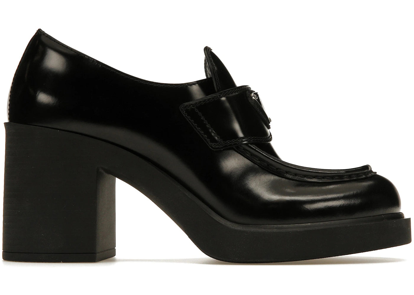 prada chocolate high-heeled 85mm loafers black brushed leather