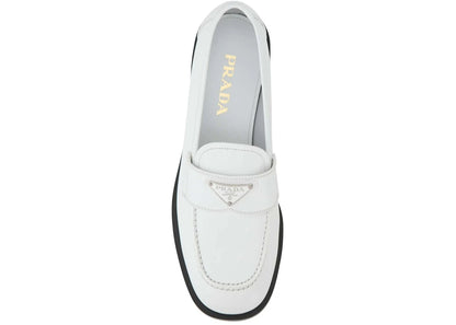 prada logo plaque brushed loafers white leather