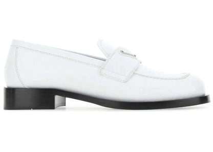 prada logo plaque brushed loafers white leather