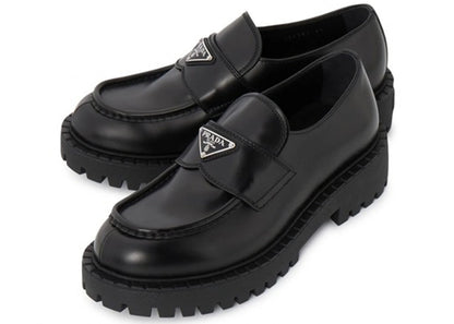 prada lug sole loafer black brushed leather