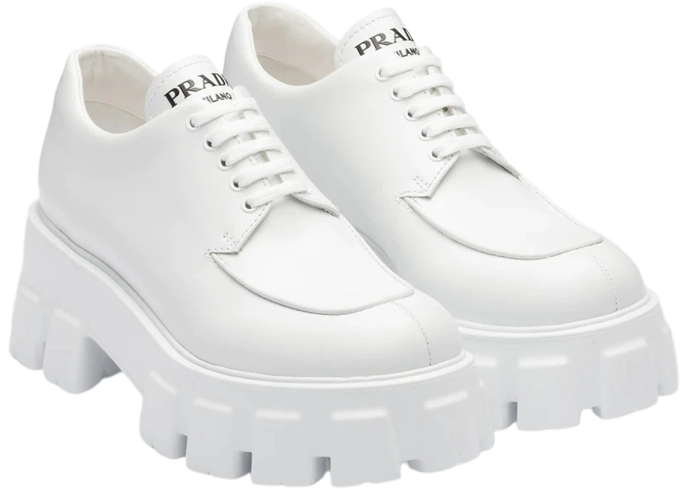 Prada Monolith 55Mm Lace Up Loafer White Brushed Leather
