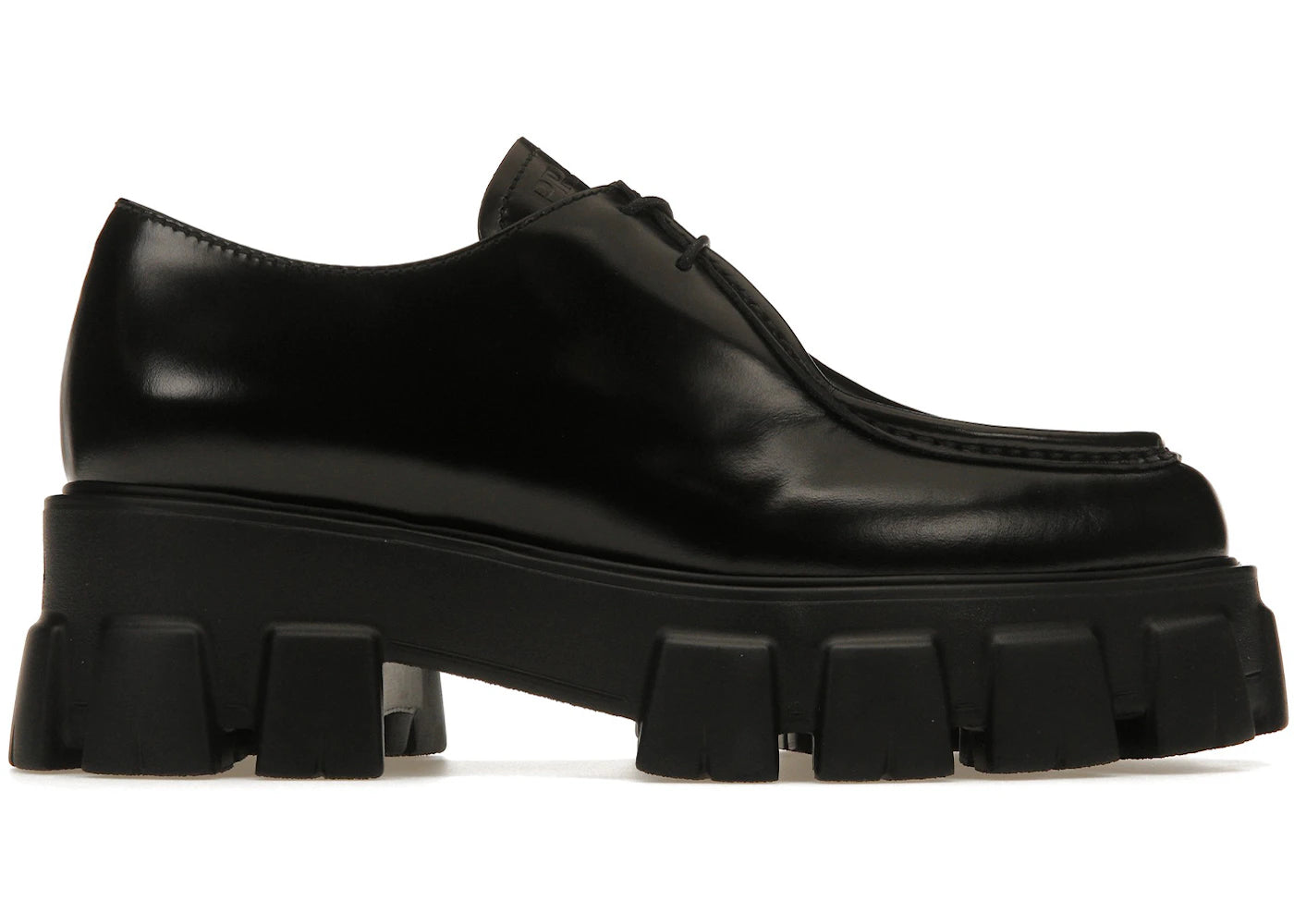 Prada Monolith 55Mm Pointy Lace Up Loafer Black Brushed Leather