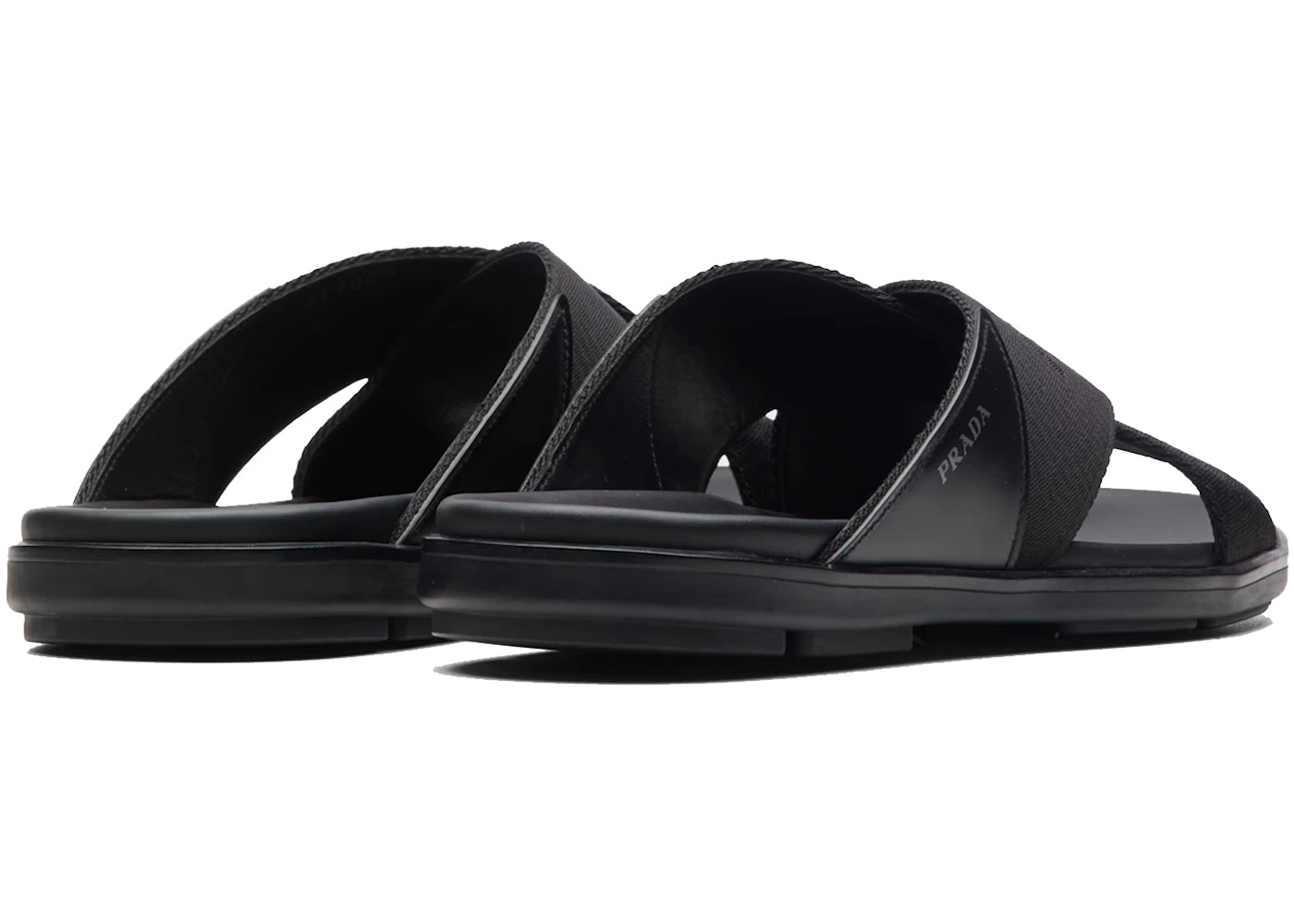 Prada Nylon Tape Crisscross Slides Black Leather Mens