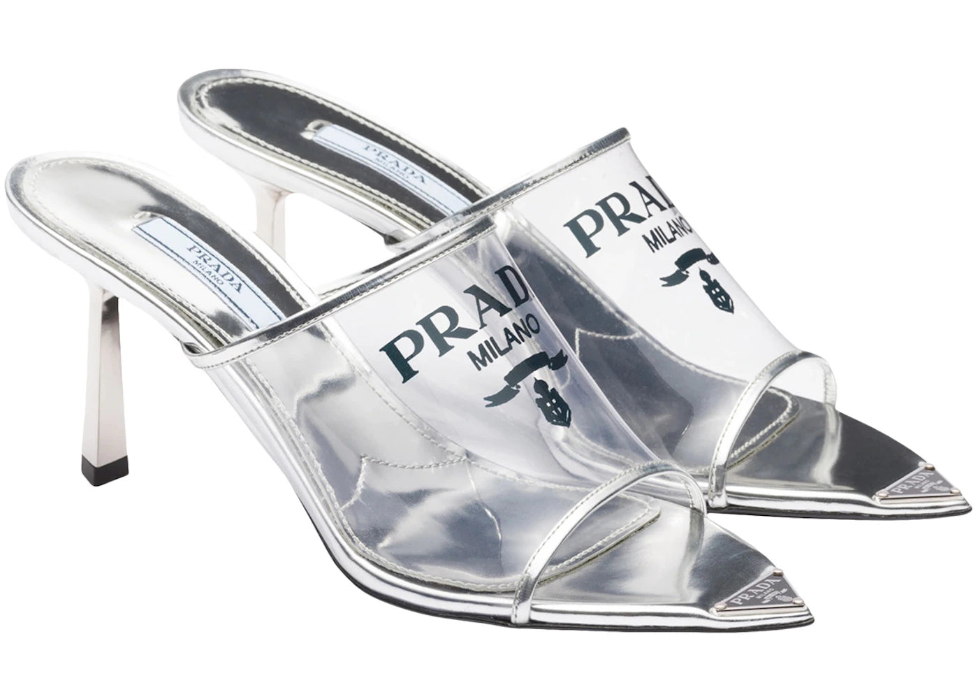prada plexiglas 75mm pointy high heels silver leather