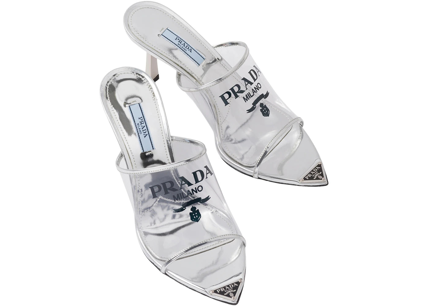 prada plexiglas 75mm pointy high heels silver leather