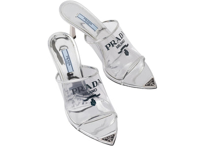 prada plexiglas 75mm pointy high heels silver leather